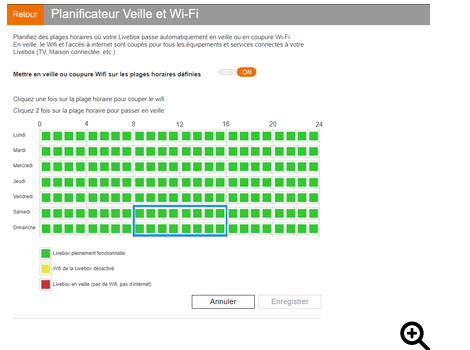 Planificateur Wifi et Veille dans l'interface Livebox, grille horaire par jour de la semaine pour couper le wifi