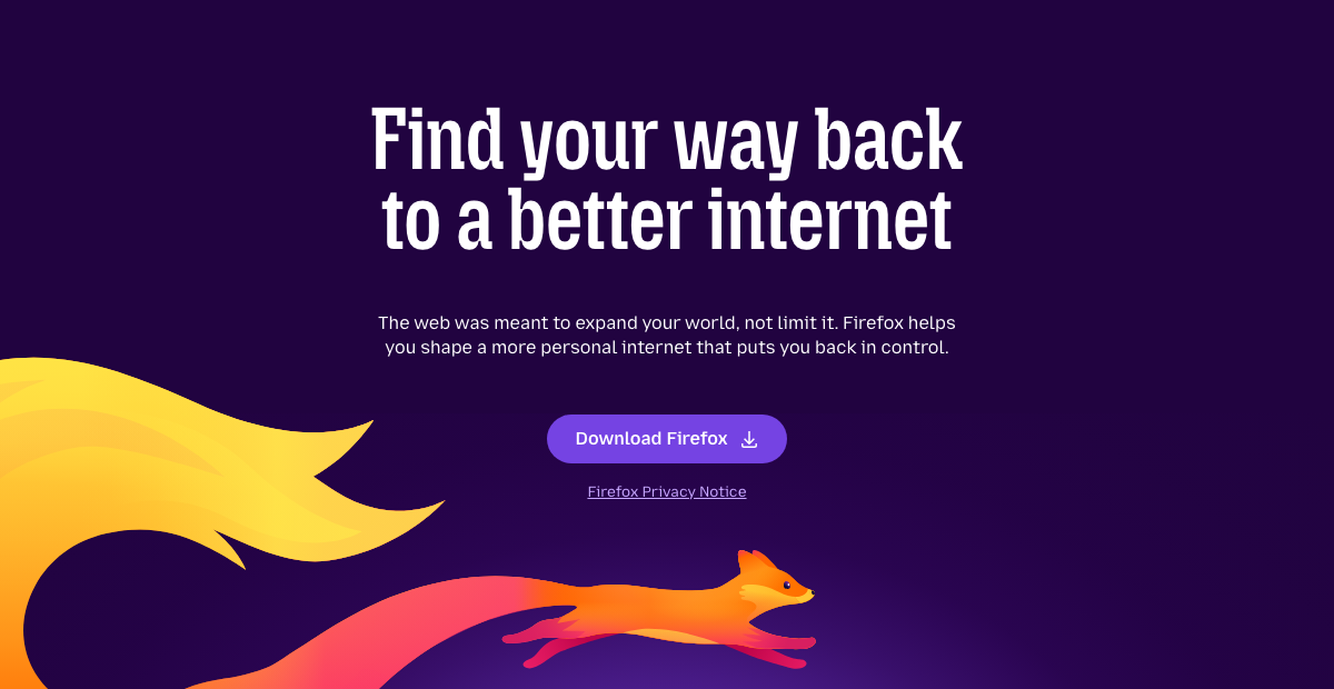 Page d'accueil de Firefox, navigateur au moteur de rendu indépendant de Chromium