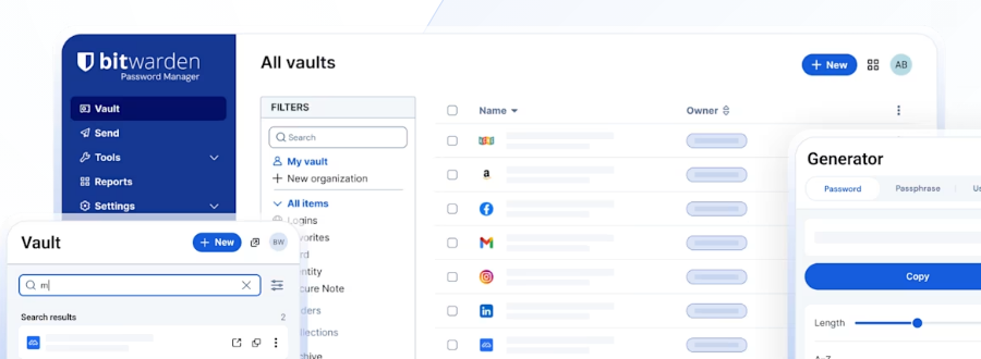 Interface Bitwarden : liste des identifiants enregistrés et générateur de mot de passe