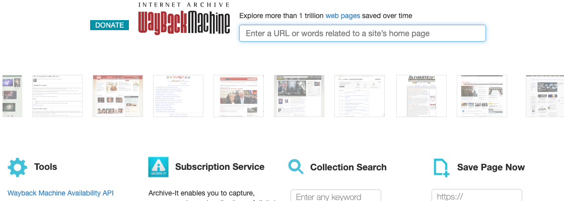 Page d'accueil de la Wayback Machine, avec la recherche d'URL et l'outil Save Page Now